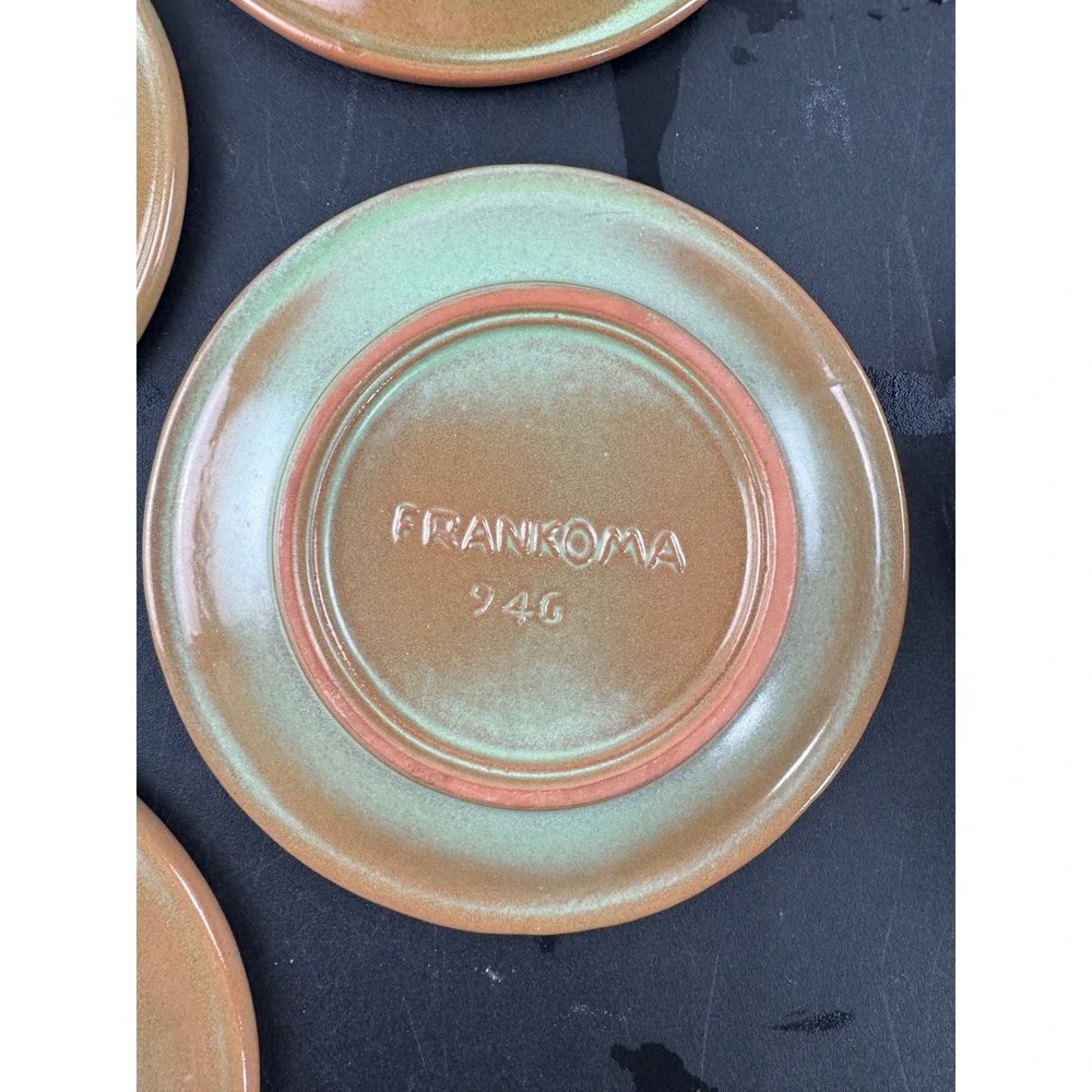 Vtg Frankoma Appetizer Plates Set‎ of 7 Brown Green Wagon Wheel Sunburst 6.5